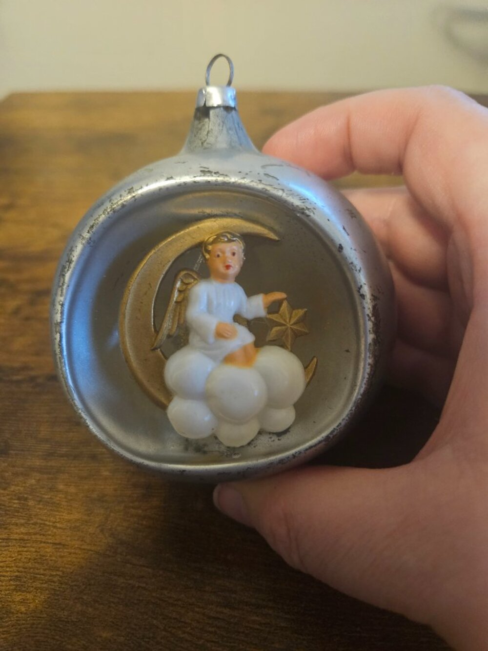 RARE Vintage Mercury Glass Round West Germany Diorama Angel & Moon Ornament